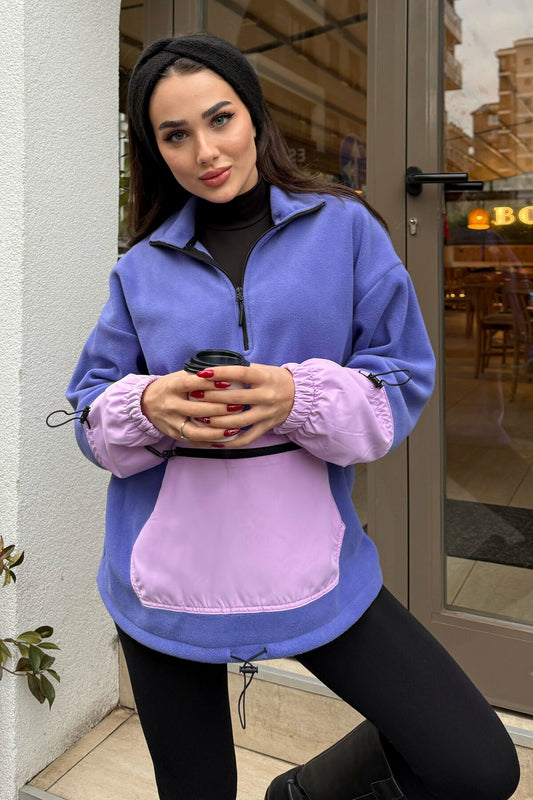 Light Purple Skirt Hem Gather Half Zipper Oversize Women's Fleece Sweatshirt - 97238