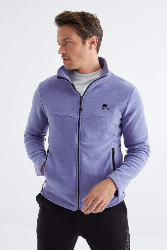 Light Purple Zippered High Collar Standard Fit Men's Fleece Sweatshirt - 88134