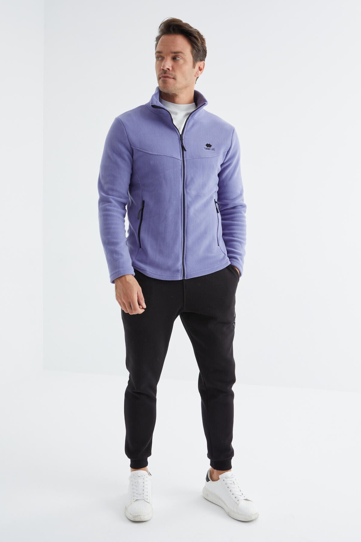 Light Purple Zippered High Collar Standard Fit Men's Fleece Sweatshirt - 88134