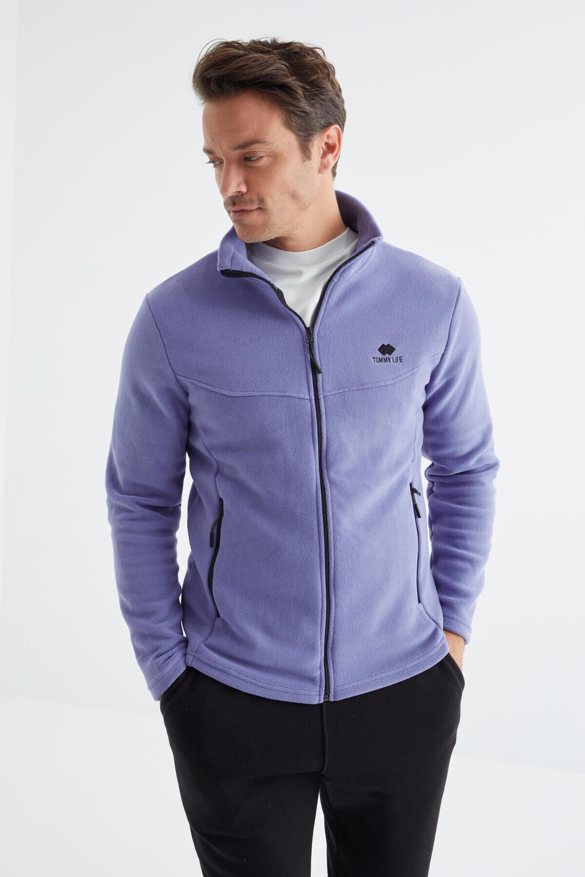 Light Purple Zippered High Collar Standard Fit Men's Fleece Sweatshirt - 88134