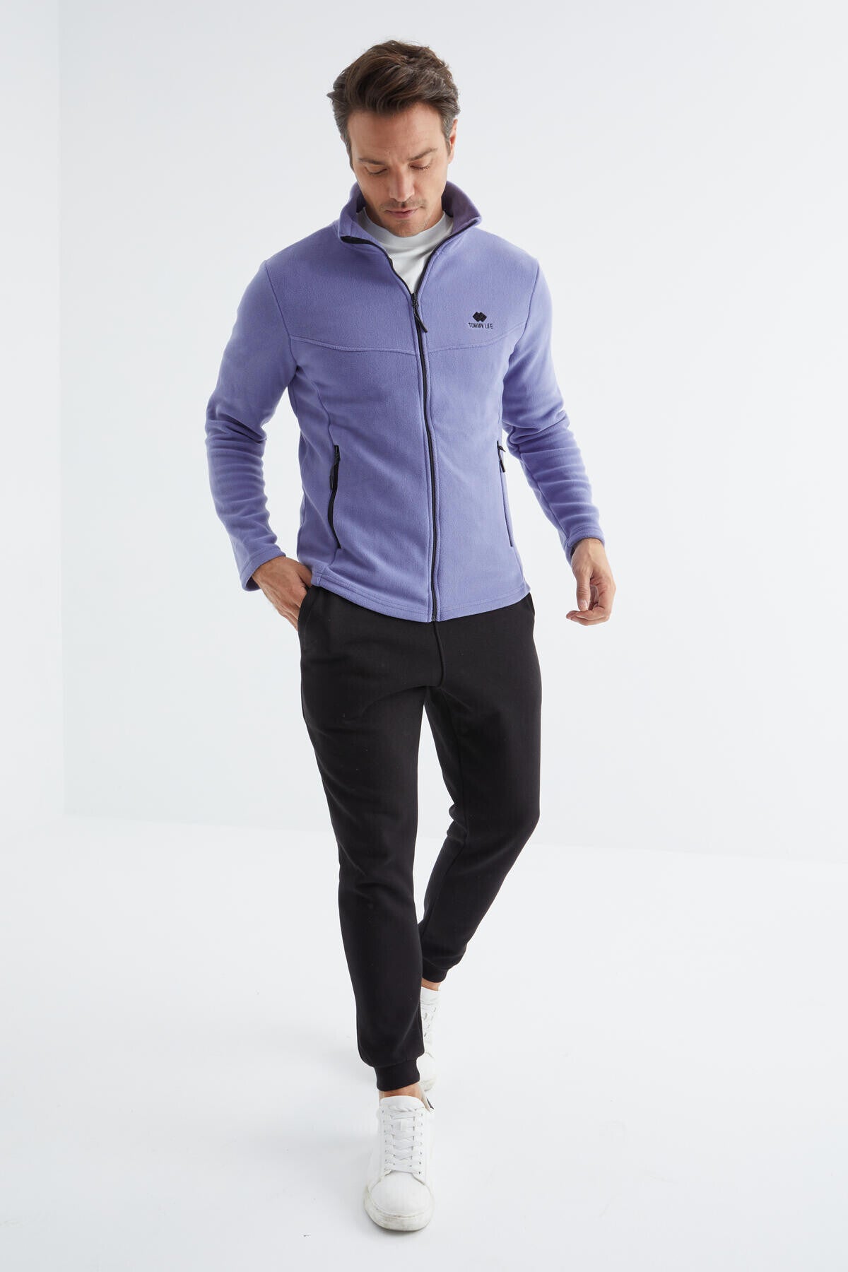 Light Purple Zippered High Collar Standard Fit Men's Fleece Sweatshirt - 88134