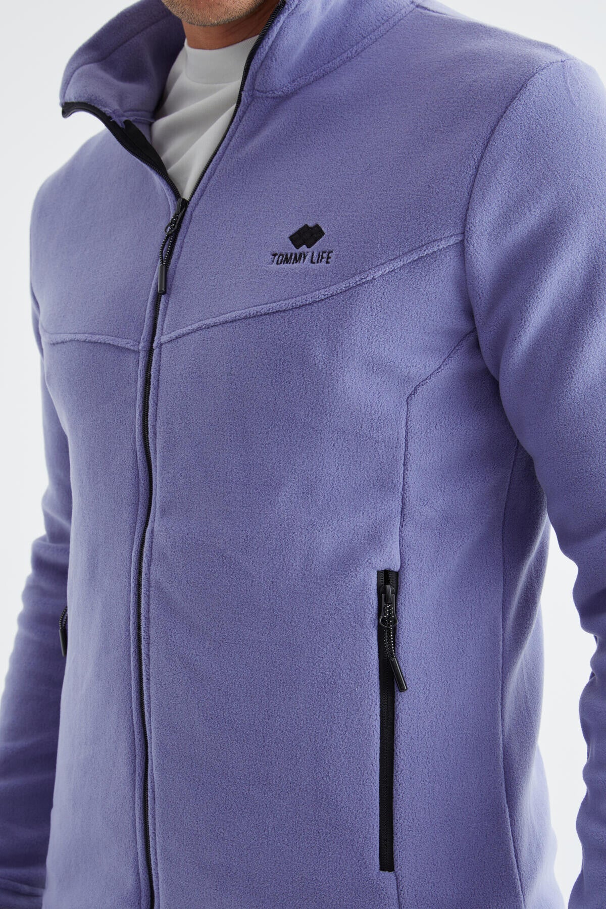 Light Purple Zippered High Collar Standard Fit Men's Fleece Sweatshirt - 88134