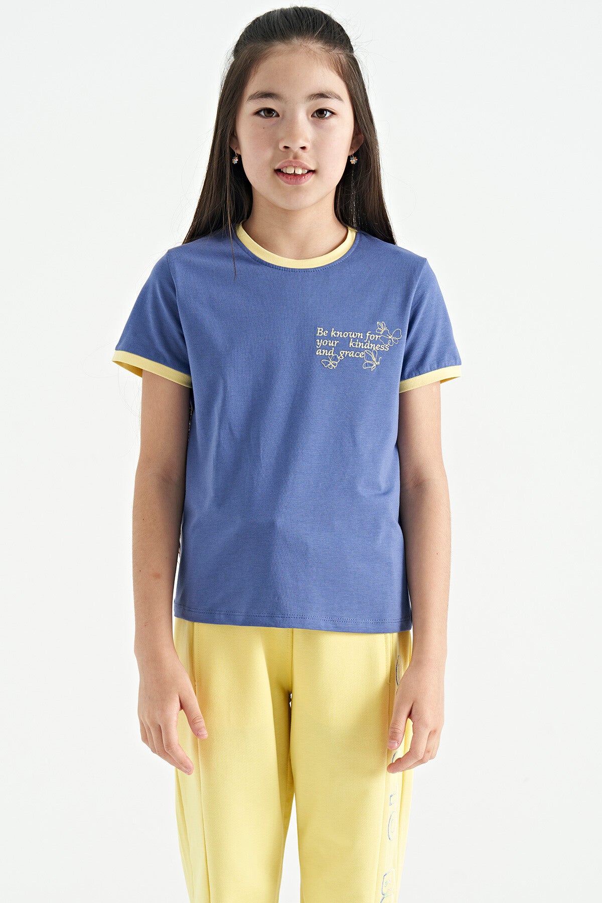 Light Purple Minimal Print O Collar Comfort Fit Short Sleeve Girls T-Shirt - 75110