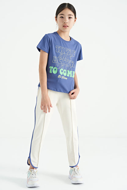 Light Purple O Collar Print Comfort Fit Short Sleeve Cropped Girls T-Shirt - 75118