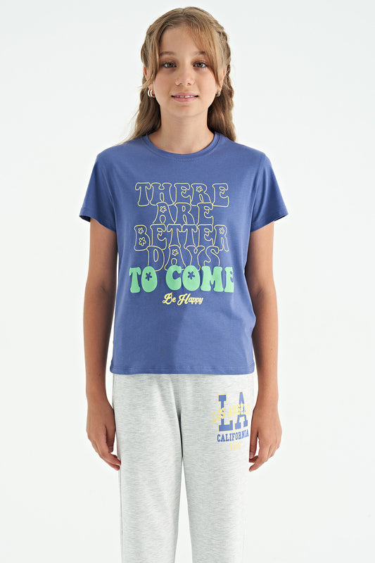 Light Purple O Collar Print Comfort Fit Short Sleeve Cropped Girls T-Shirt - 75118