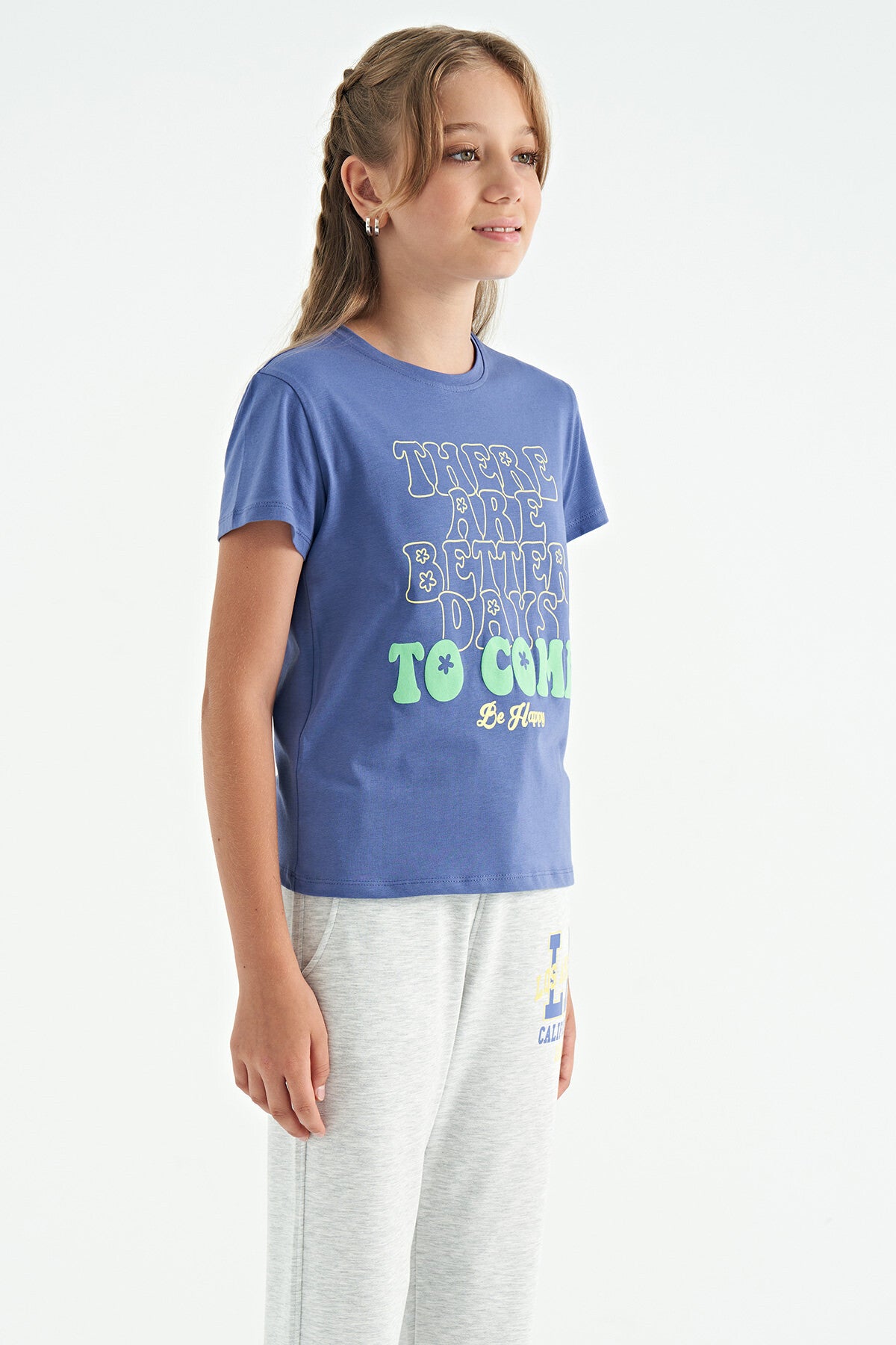 Light Purple O Collar Print Comfort Fit Short Sleeve Cropped Girls T-Shirt - 75118