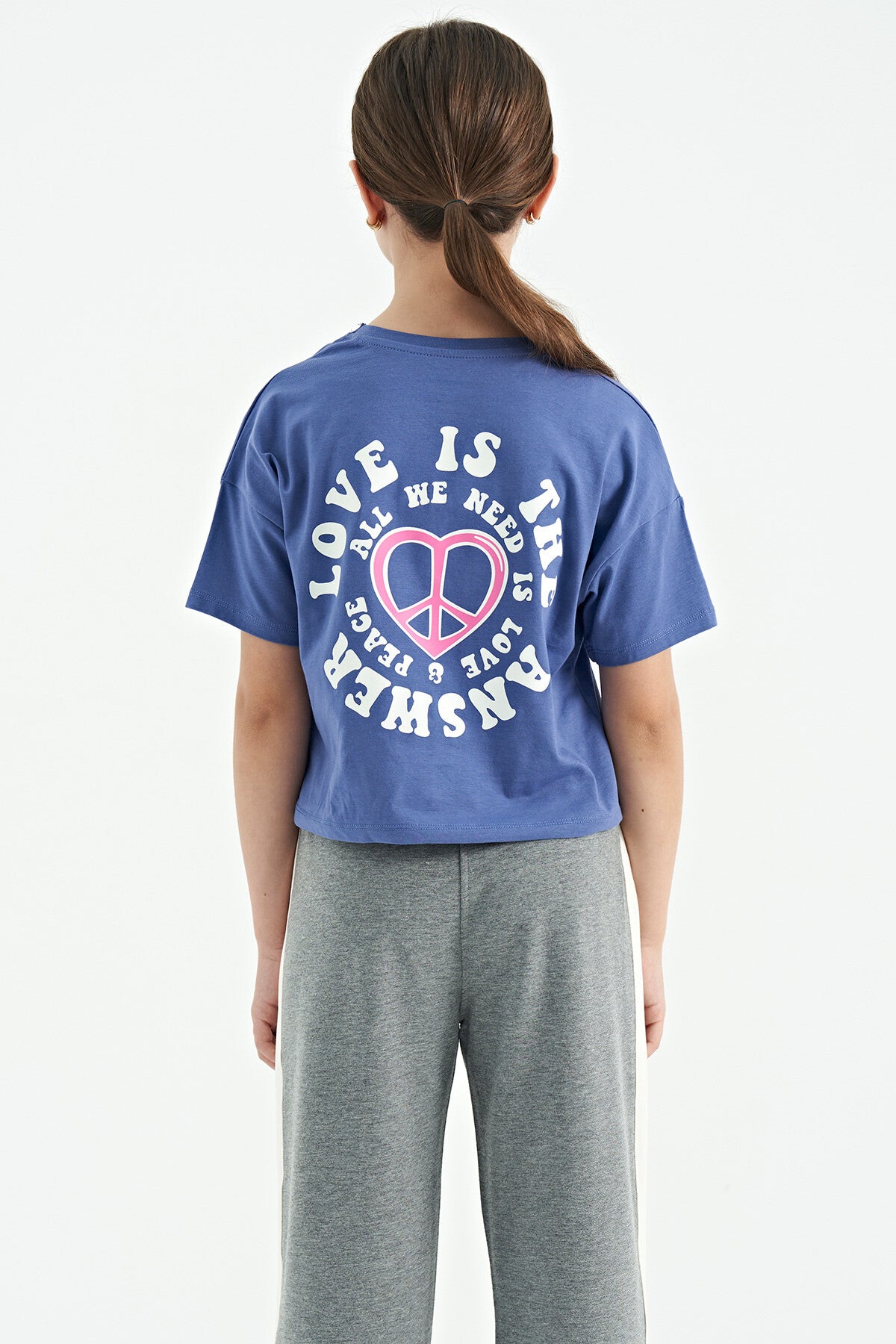 Light Purple Front and Back Printed O Collar Low Shoulder Oversize Short Sleeve Girls' T-Shirt - 75126