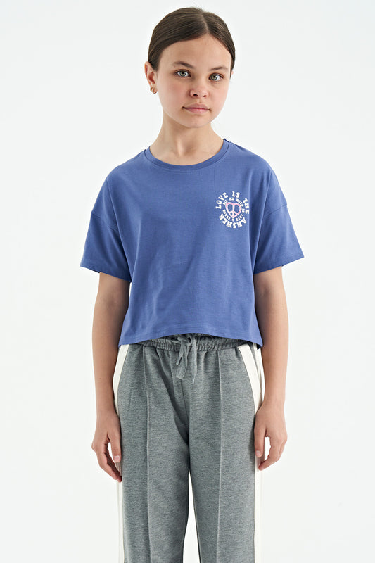 Light Purple Front and Back Printed O Collar Low Shoulder Oversize Short Sleeve Girls' T-Shirt - 75126