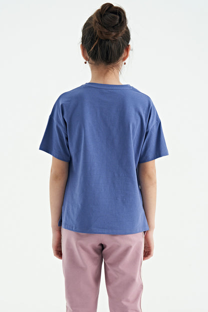 Light Purple Printed O Collar Oversize Short Sleeve Girls T-Shirt - 75112