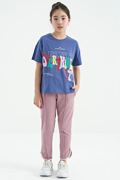 Light Purple Printed O Collar Oversize Short Sleeve Girls T-Shirt - 75112
