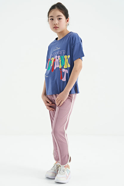Light Purple Printed O Collar Oversize Short Sleeve Girls T-Shirt - 75112