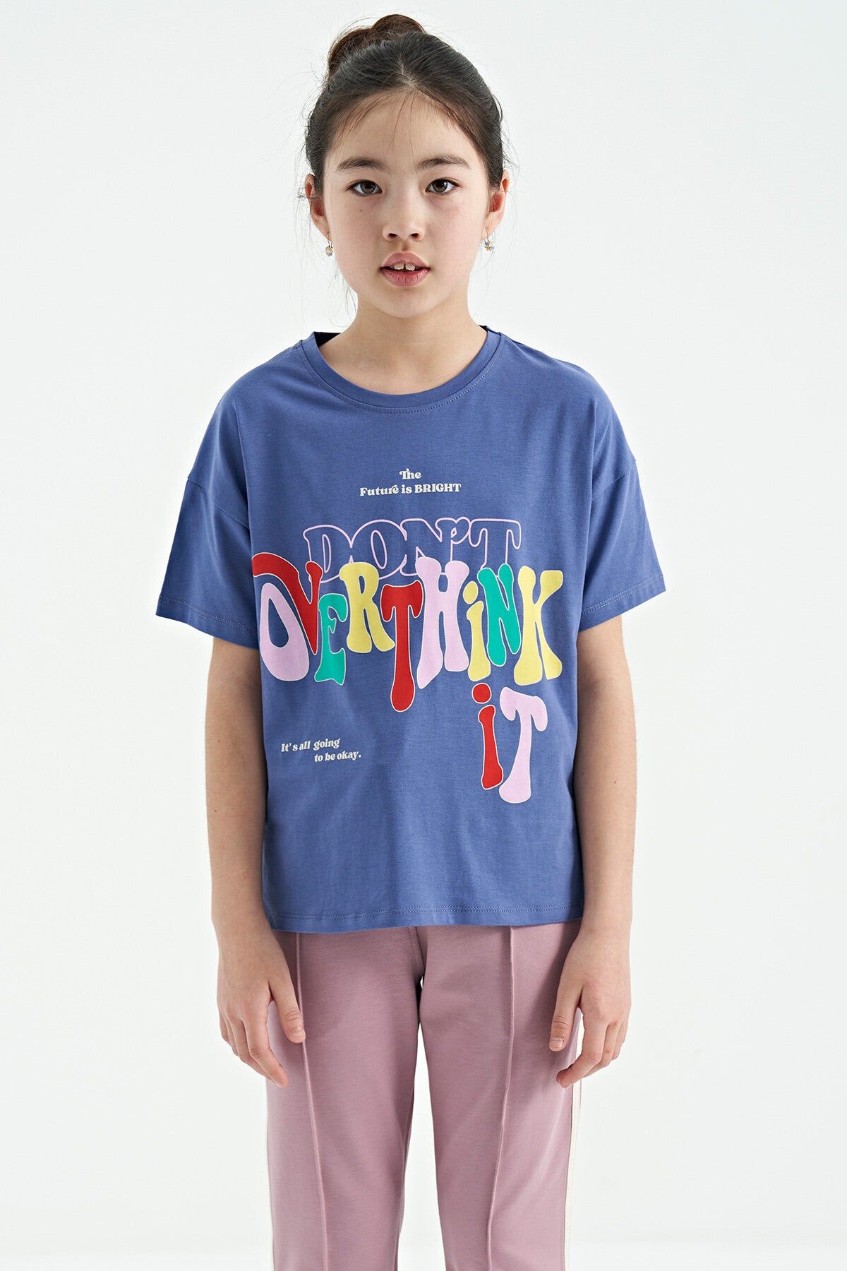 Light Purple Printed O Collar Oversize Short Sleeve Girls T-Shirt - 75112