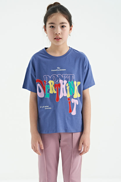 Light Purple Printed O Collar Oversize Short Sleeve Girls T-Shirt - 75112