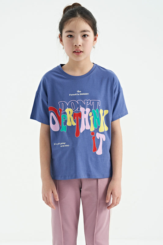 Light Purple Printed O Collar Oversize Short Sleeve Girls T-Shirt - 75112