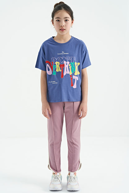 Light Purple Printed O Collar Oversize Short Sleeve Girls T-Shirt - 75112