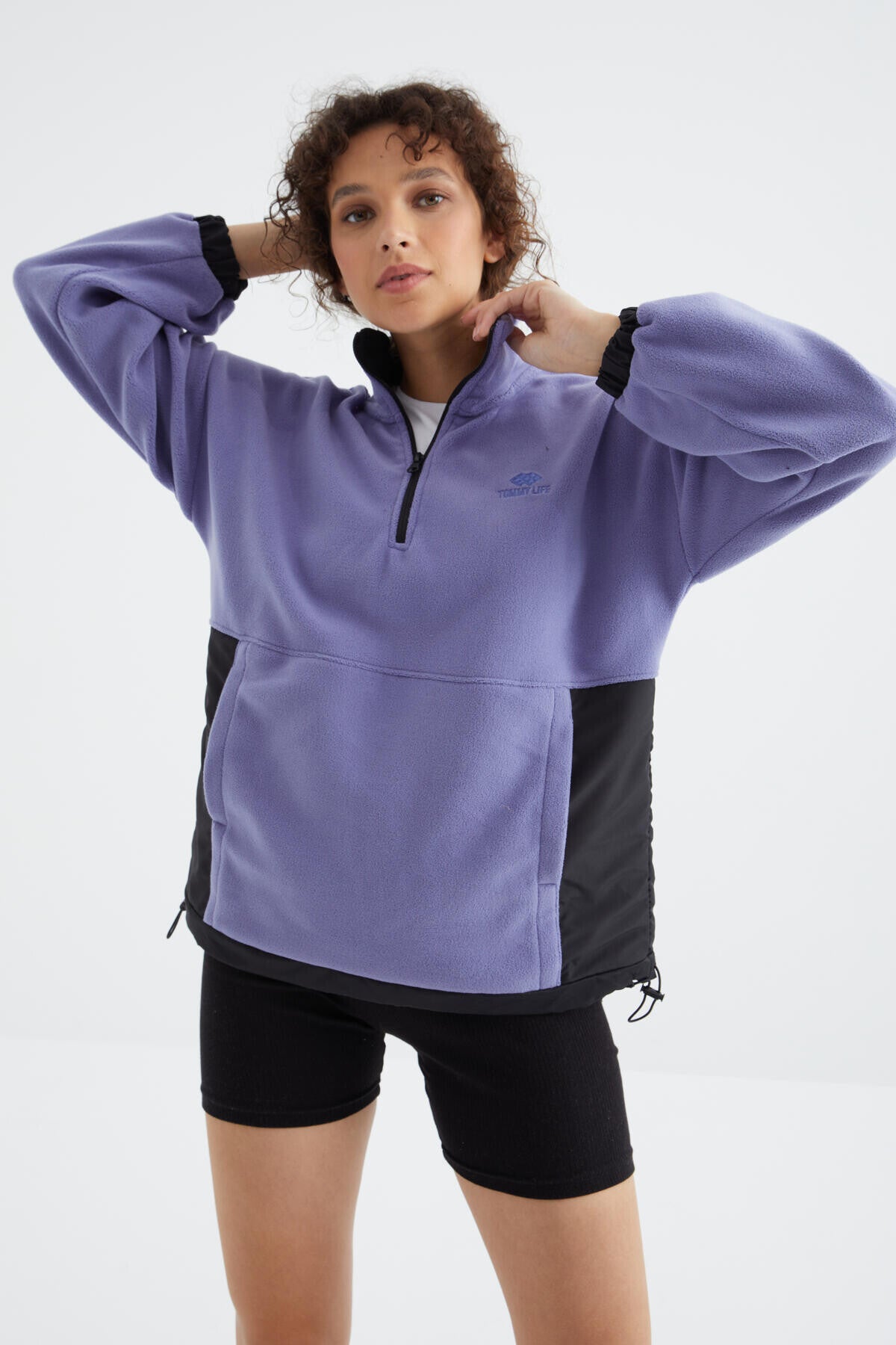 Light Purple Half Zipper Skirt with Gathered Hem Stand Collar Oversize Women's Fleece Sweatshirt - 97236