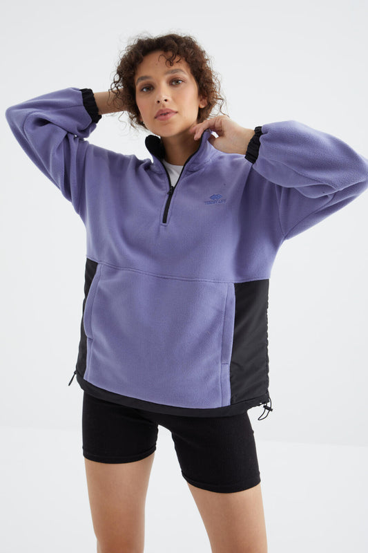 Light Purple Half Zipper Skirt with Gathered Hem Stand Collar Oversize Women's Fleece Sweatshirt - 97236