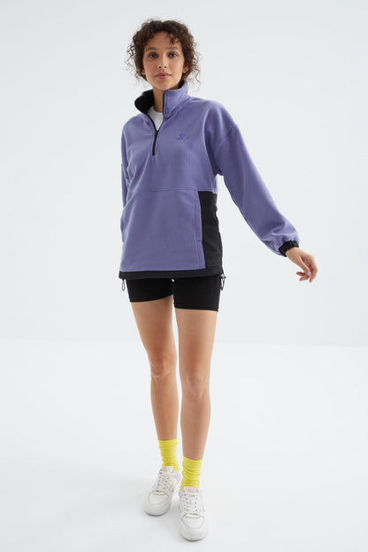 Light Purple Half Zipper Skirt with Gathered Hem Stand Collar Oversize Women's Fleece Sweatshirt - 97236