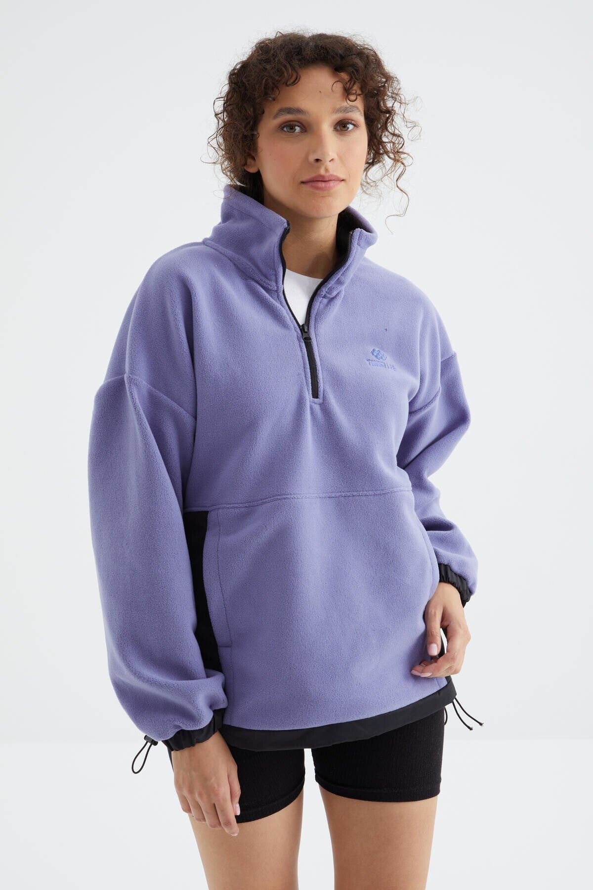 Light Purple Half Zipper Skirt with Gathered Hem Stand Collar Oversize Women's Fleece Sweatshirt - 97236