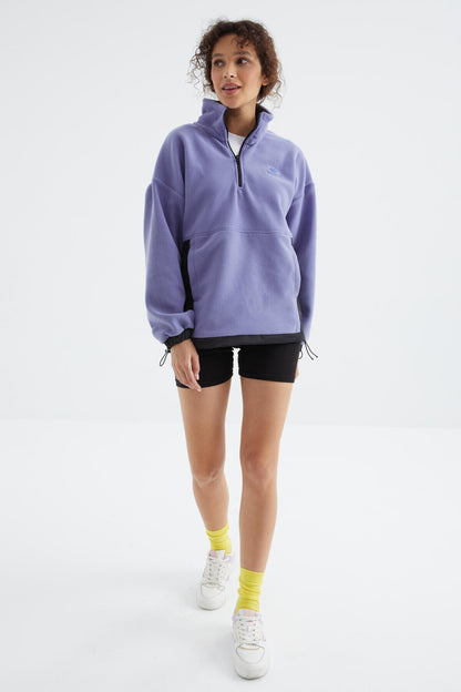 Light Purple Half Zipper Skirt with Gathered Hem Stand Collar Oversize Women's Fleece Sweatshirt - 97236