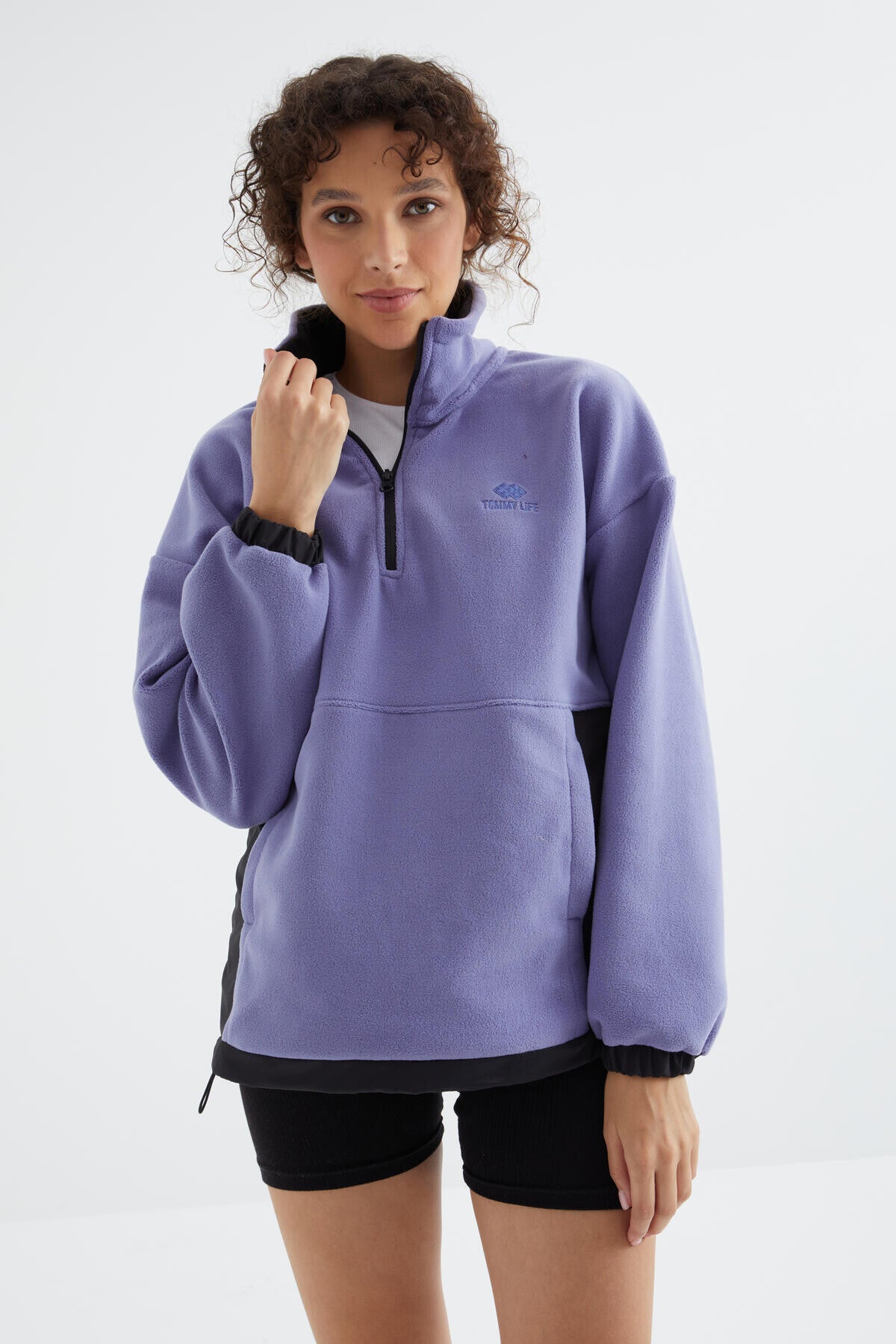 Light Purple Half Zipper Skirt with Gathered Hem Stand Collar Oversize Women's Fleece Sweatshirt - 97236