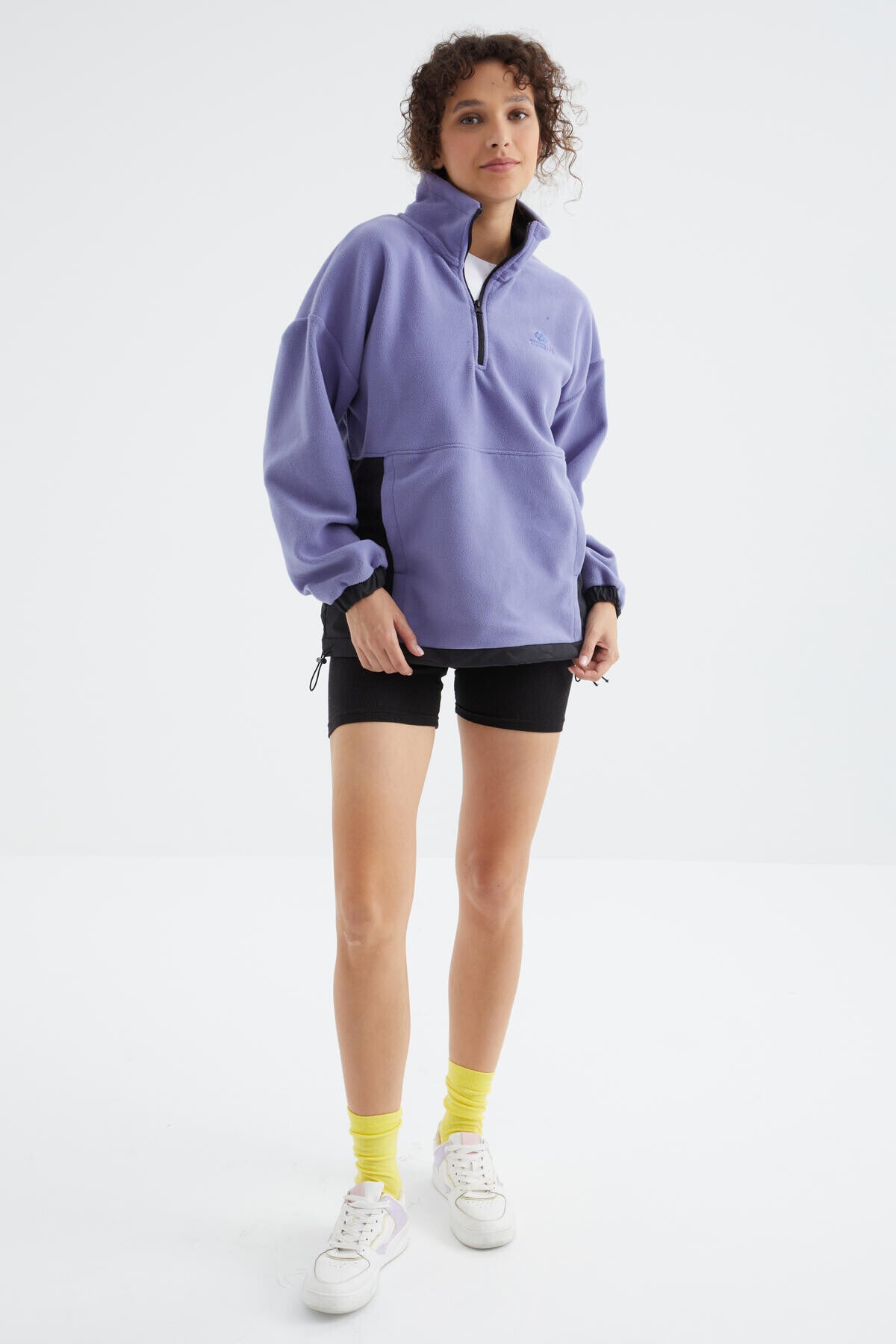 Light Purple Half Zipper Skirt with Gathered Hem Stand Collar Oversize Women's Fleece Sweatshirt - 97236