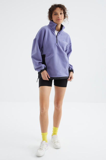 Light Purple Half Zipper Skirt with Gathered Hem Stand Collar Oversize Women's Fleece Sweatshirt - 97236