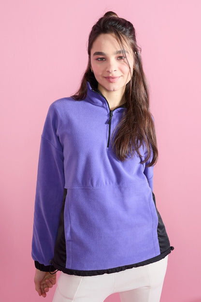 Light Purple Half Zipper Skirt with Gathered Hem Stand Collar Oversize Women's Fleece Sweatshirt - 97236