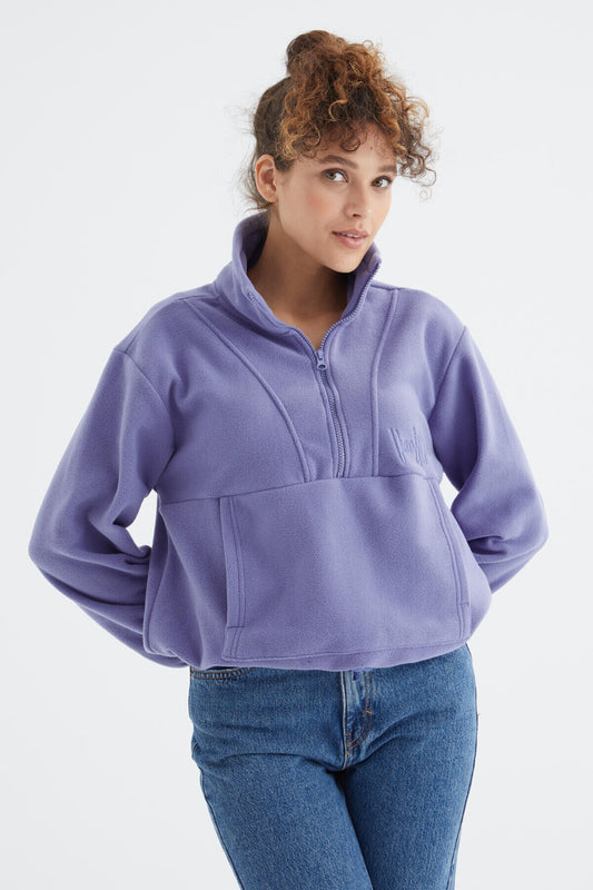 Light Purple Half Zipper Skirt with Gathered Hem Women's Polar Oversize Sweatshirt - 97171