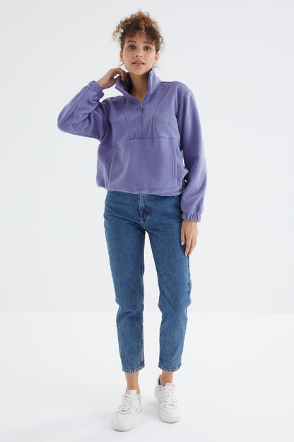 Light Purple Half Zipper Skirt with Gathered Hem Women's Polar Oversize Sweatshirt - 97171