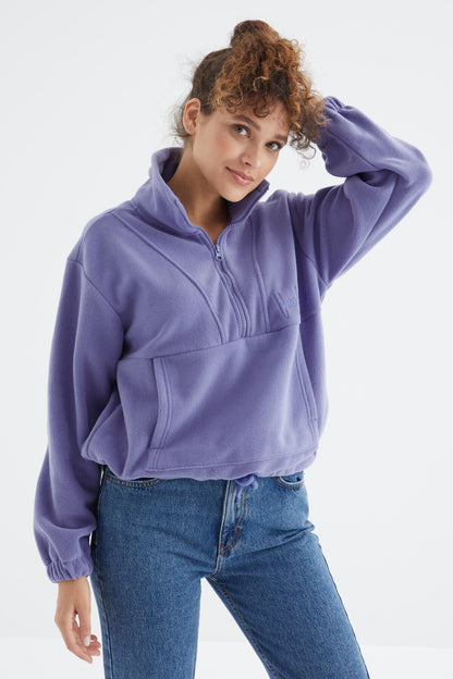 Light Purple Half Zipper Skirt with Gathered Hem Women's Polar Oversize Sweatshirt - 97171
