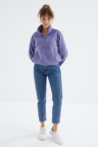 Light Purple Half Zipper Skirt with Gathered Hem Women's Polar Oversize Sweatshirt - 97171