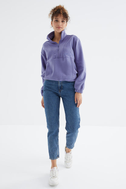 Light Purple Half Zipper Skirt with Gathered Hem Women's Polar Oversize Sweatshirt - 97171