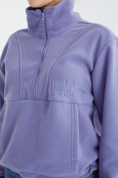 Light Purple Half Zipper Skirt with Gathered Hem Women's Polar Oversize Sweatshirt - 97171