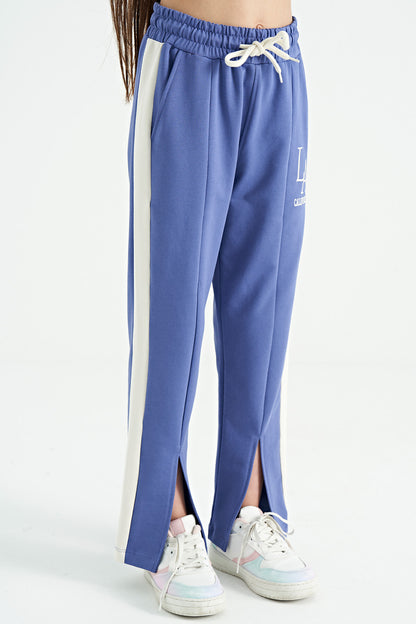 Light Purple Script Embroidered Detailed Laced Relax Fit Girls' Tracksuit Bottom - 75121