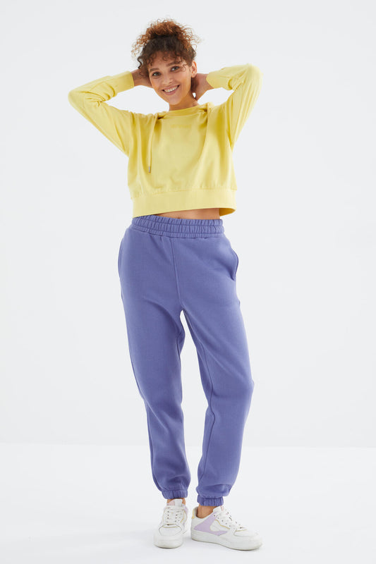 Light Purple High Waist Brushed 3-Thread Cotton Basic Women's Tracksuit Bottom - 94624