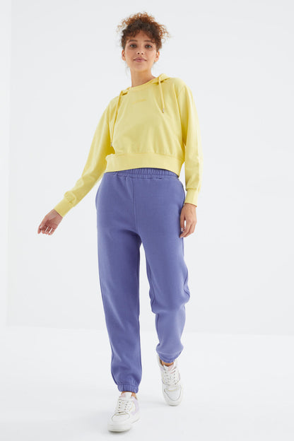 Light Purple High Waist Brushed 3-Thread Cotton Basic Women's Tracksuit Bottom - 94624