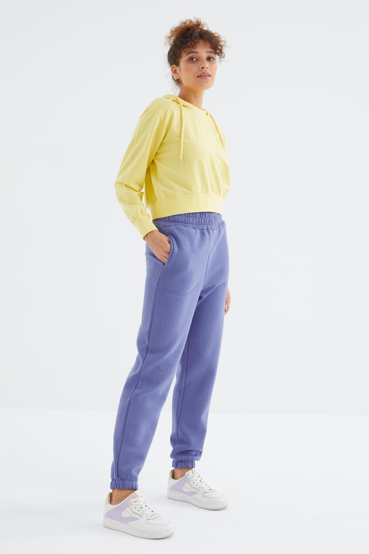 Light Purple High Waist Brushed 3-Thread Cotton Basic Women's Tracksuit Bottom - 94624