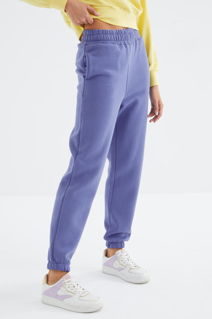 Light Purple High Waist Brushed 3-Thread Cotton Basic Women's Tracksuit Bottom - 94624