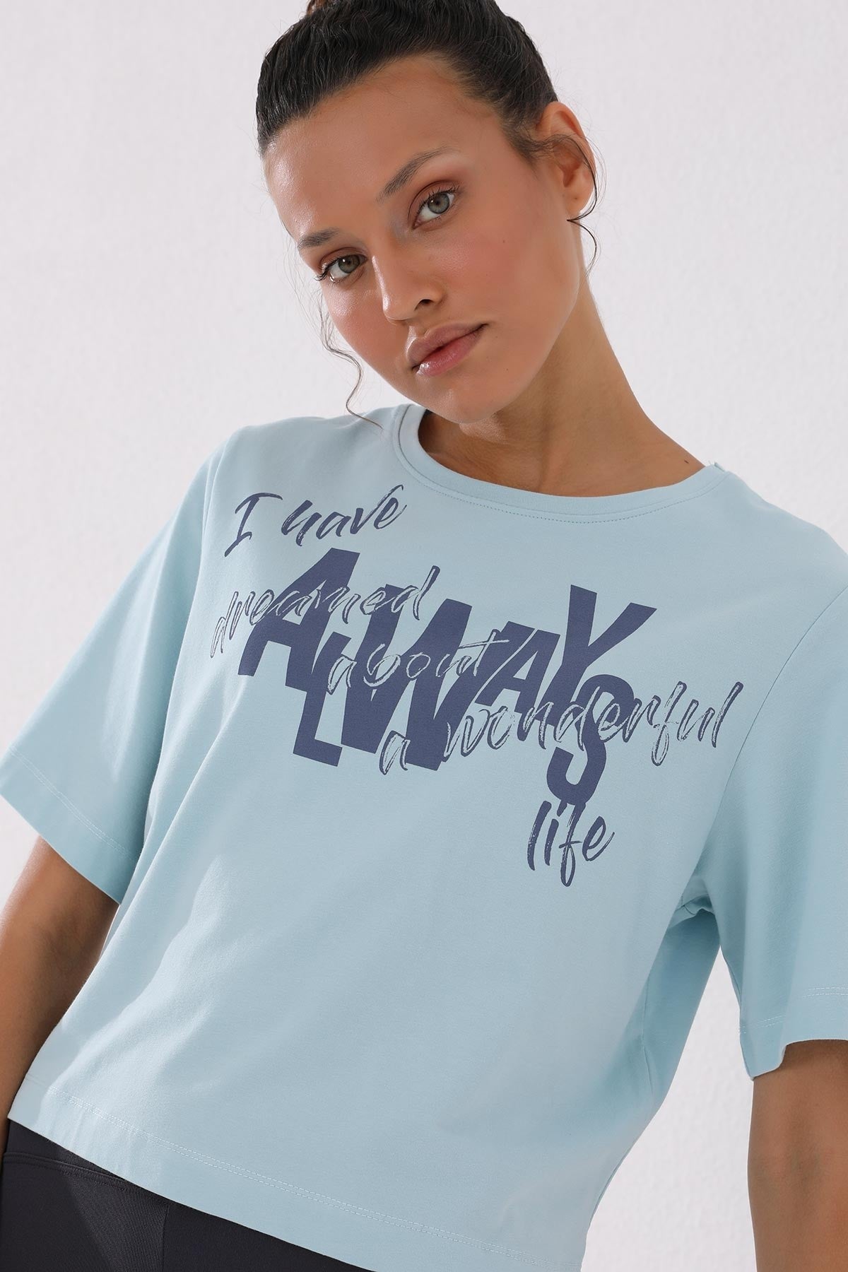 Light Blue Asymmetric Print O Collar Women's Oversize T-Shirt - 97136