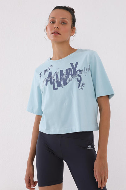 Light Blue Asymmetric Print O Collar Women's Oversize T-Shirt - 97136