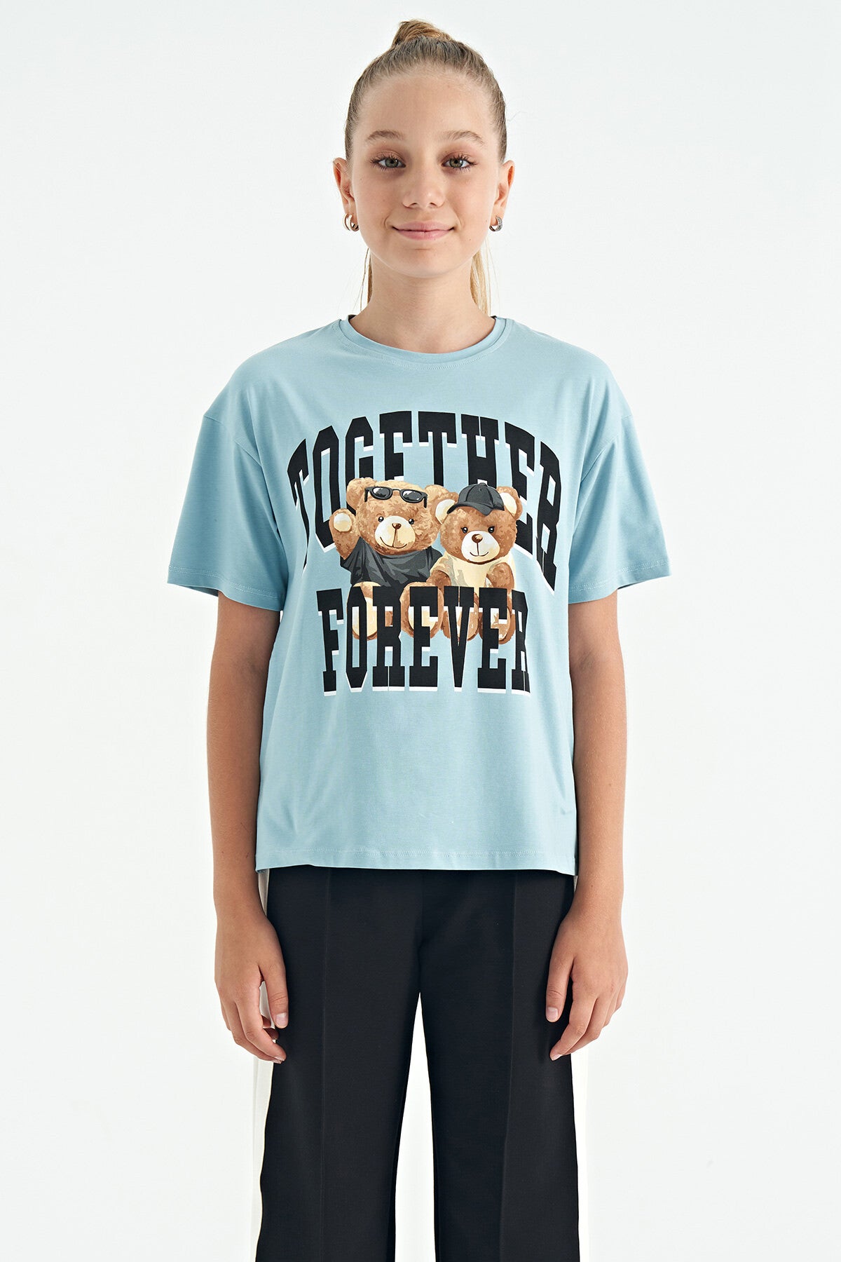 Light Blue Teddy Bear Print O Collar Oversize Short Sleeve Girls' T-Shirt - 75116