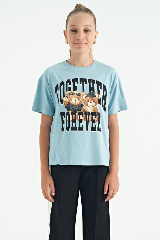 Light Blue Teddy Bear Print O Collar Oversize Short Sleeve Girls' T-Shirt - 75116
