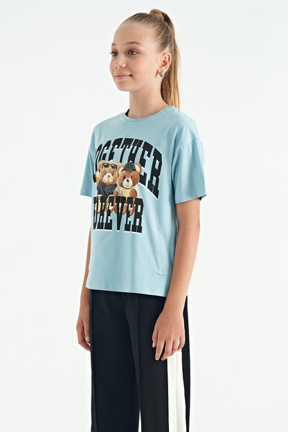 Light Blue Teddy Bear Print O Collar Oversize Short Sleeve Girls' T-Shirt - 75116