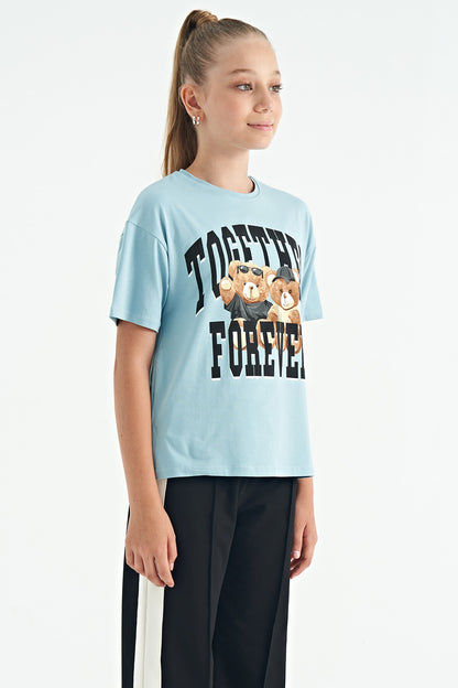 Light Blue Teddy Bear Print O Collar Oversize Short Sleeve Girls' T-Shirt - 75116