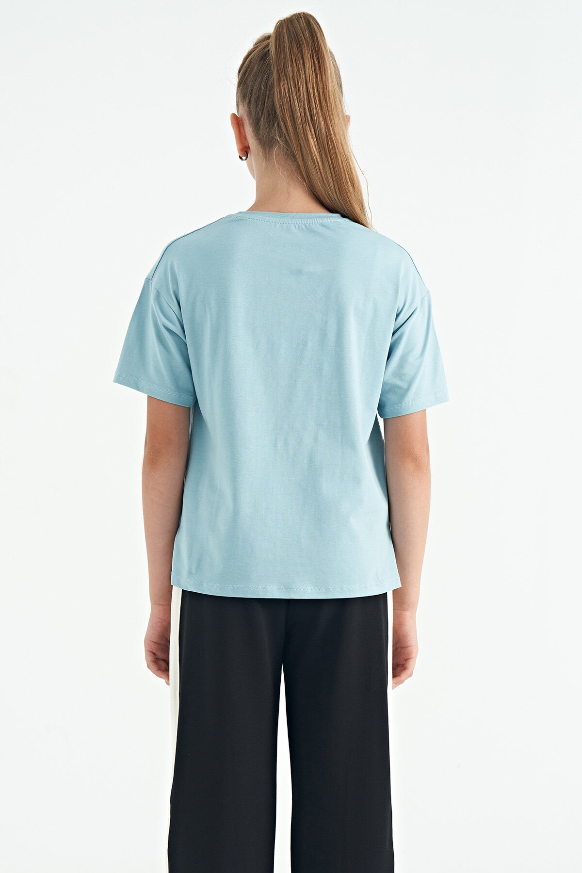 Light Blue Teddy Bear Print O Collar Oversize Short Sleeve Girls' T-Shirt - 75116