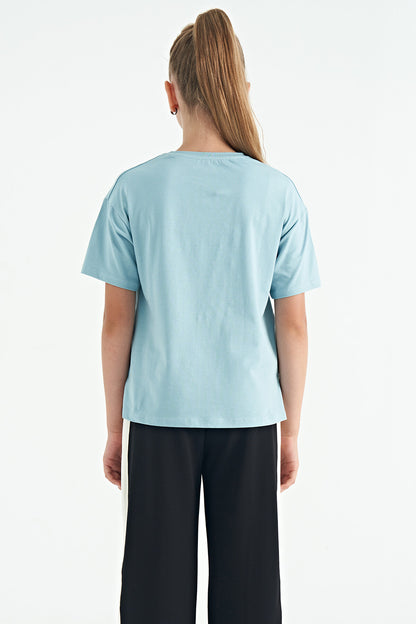 Light Blue Teddy Bear Print O Collar Oversize Short Sleeve Girls' T-Shirt - 75116