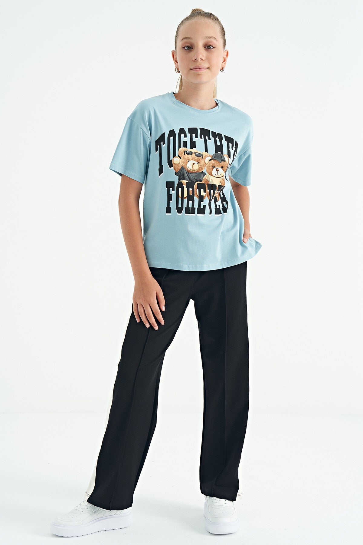 Light Blue Teddy Bear Print O Collar Oversize Short Sleeve Girls' T-Shirt - 75116