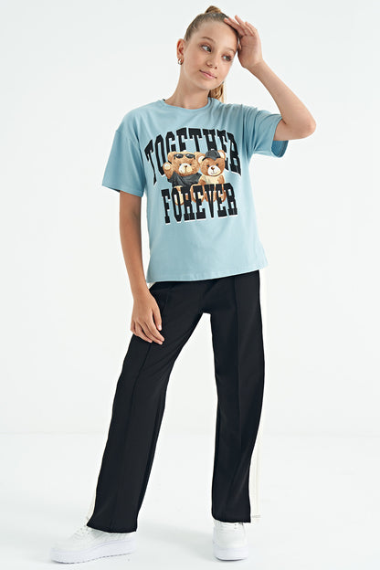 Light Blue Teddy Bear Print O Collar Oversize Short Sleeve Girls' T-Shirt - 75116