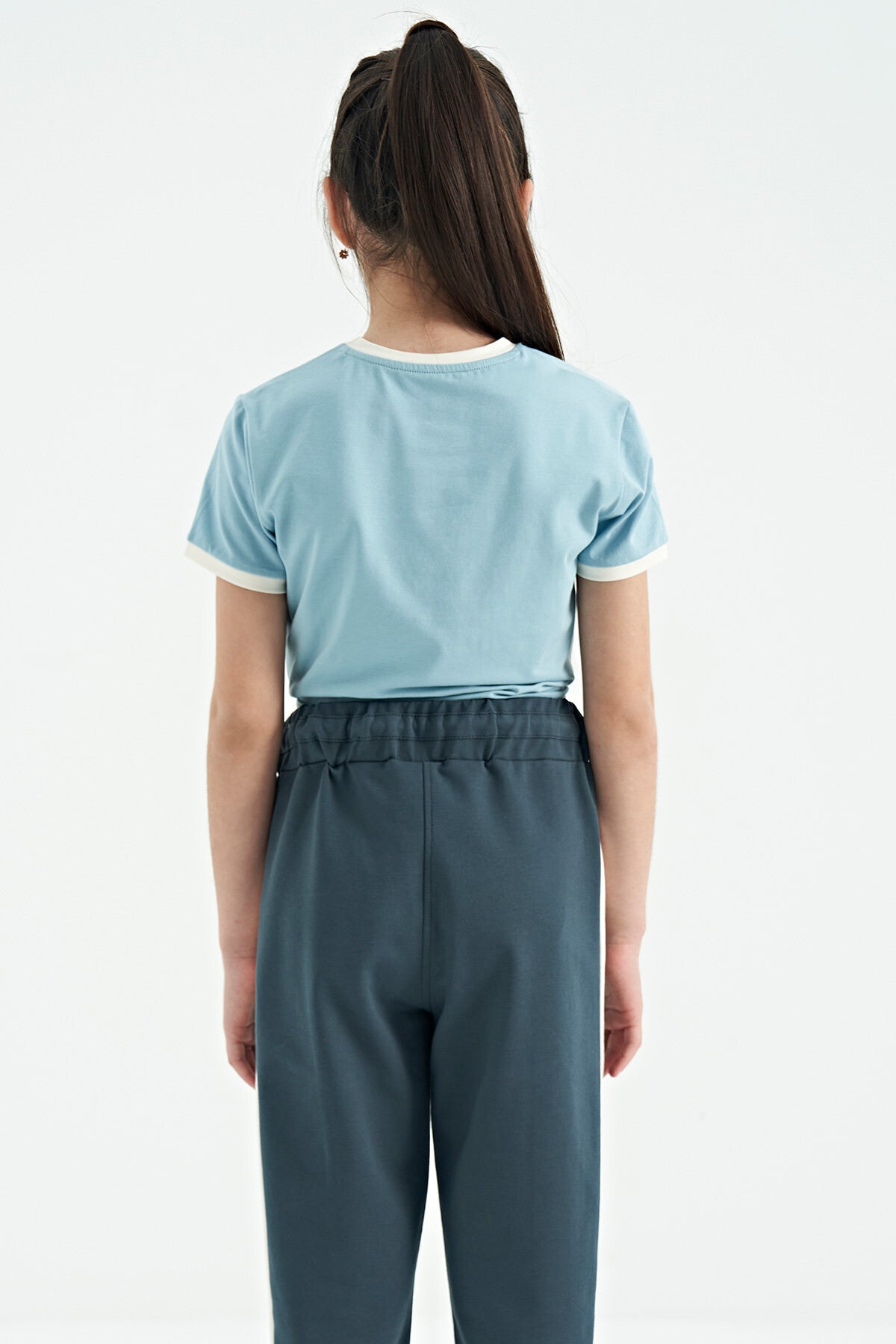 Light Blue Print Detailed O Collar Multicolor Tie Detailed Girl's T-Shirt - 75113